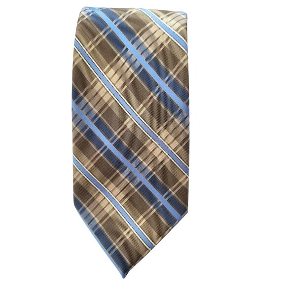 PLATINUM DESIGNS Tan & Blue Plaid 100% Polyester Handmade Tie - Men's OS - Picture 1 of 5